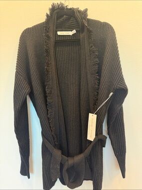 bishop + young Black Ribbed Fringe Open Cardigan with Tie